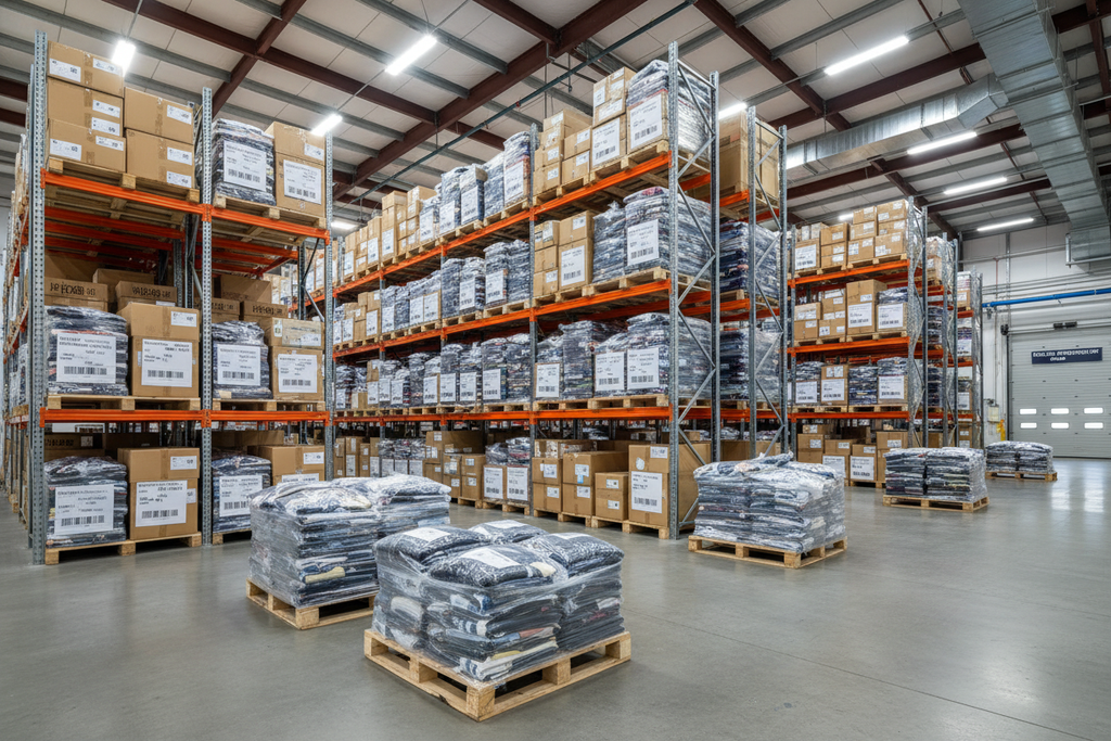 Clothes storage in big shipping packs in a storge place